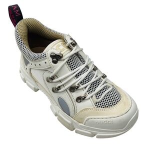 GUCCI WHITE FLASHTREK LEATHER AND MESH SNEAKERS